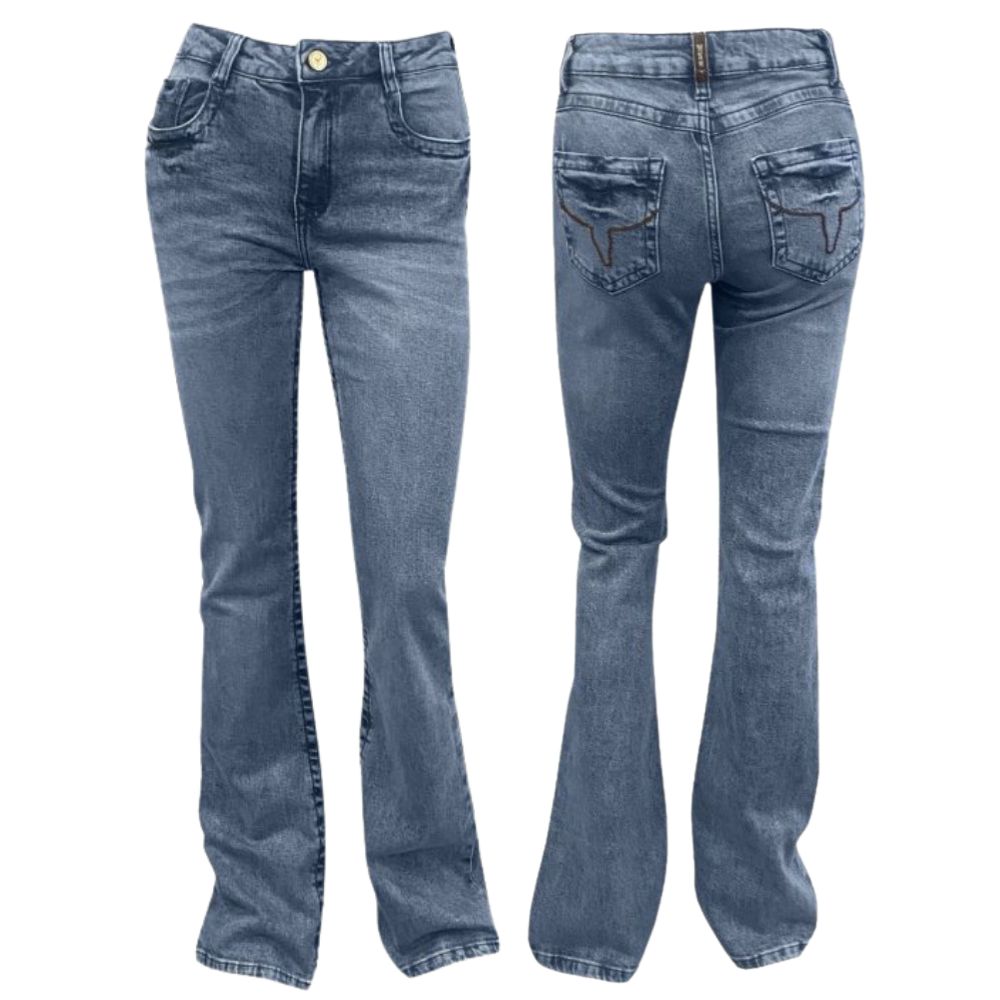 Calça Feminina Os Moiadeiros Jeans Blue Azul Médio Com Linha Marrom Flare Ref:MORS02