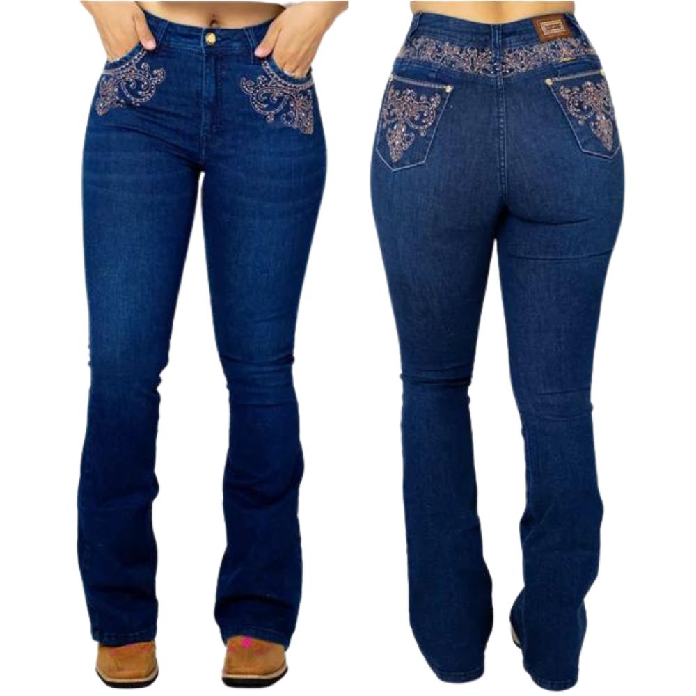 Calça Feminina Ox Horns Jeans Azul Flare Com Bordados Brilhantes Na Frente E Atrás Ref:2516