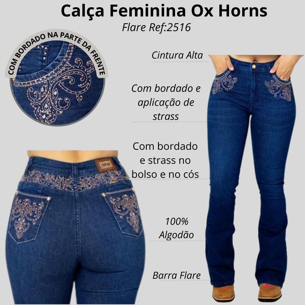 Calça Feminina Ox Horns Jeans Azul Flare Com Bordados Brilhantes