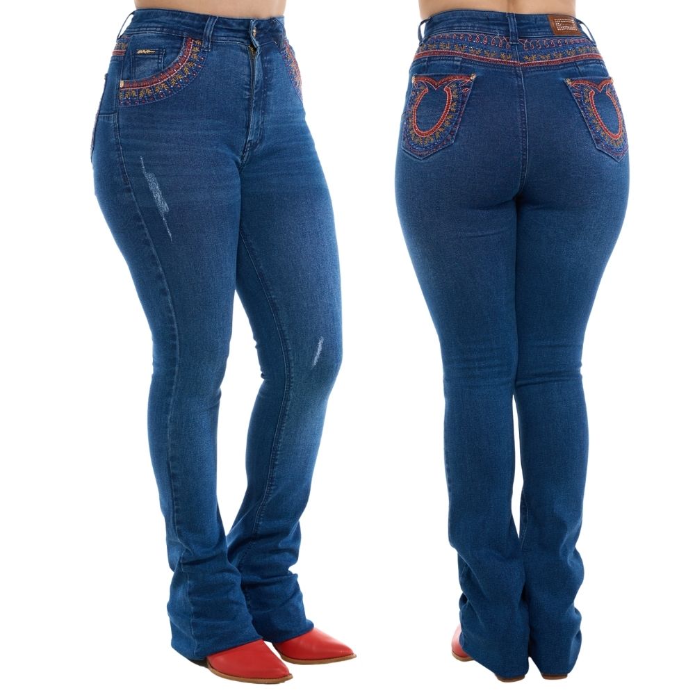 Calça Feminina Ox Horns Jeans Azul Flare Com Bordados Nos Bolsos Com Brilho Ref.2520