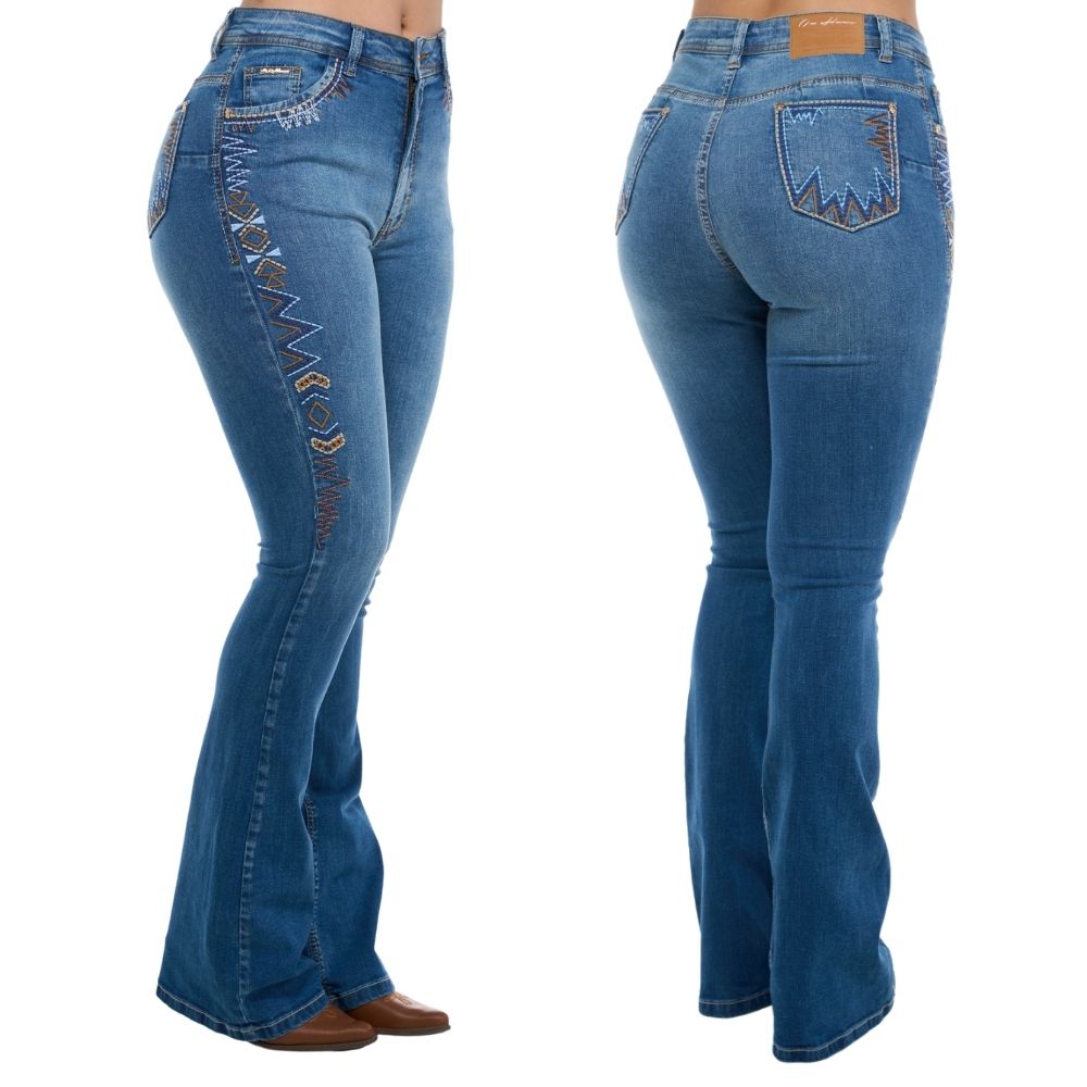 Calça Feminina Ox Horns Jeans Azul Médio Flare Com Bordado Azul Ref.2521