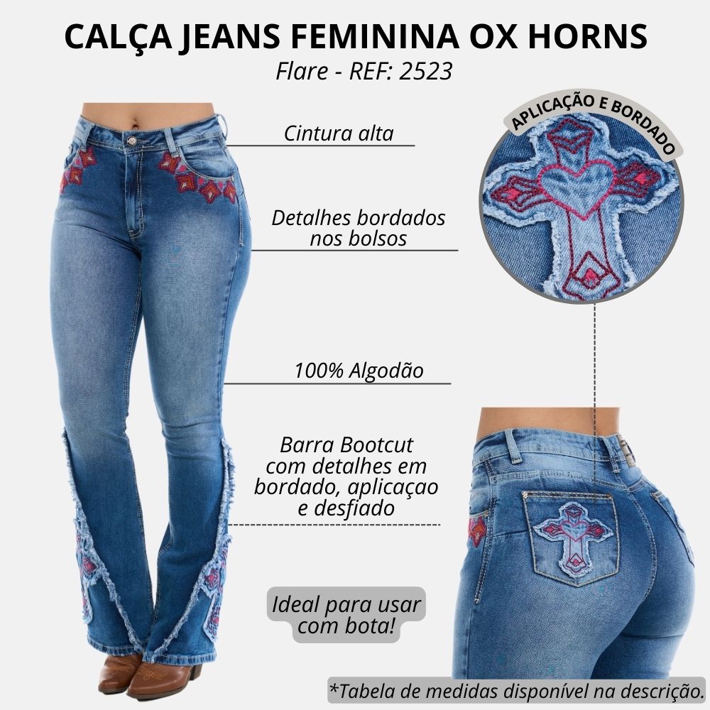 Calça Feminina Ox Horns Jeans Azul Médio Flare Com Bordado Rosa