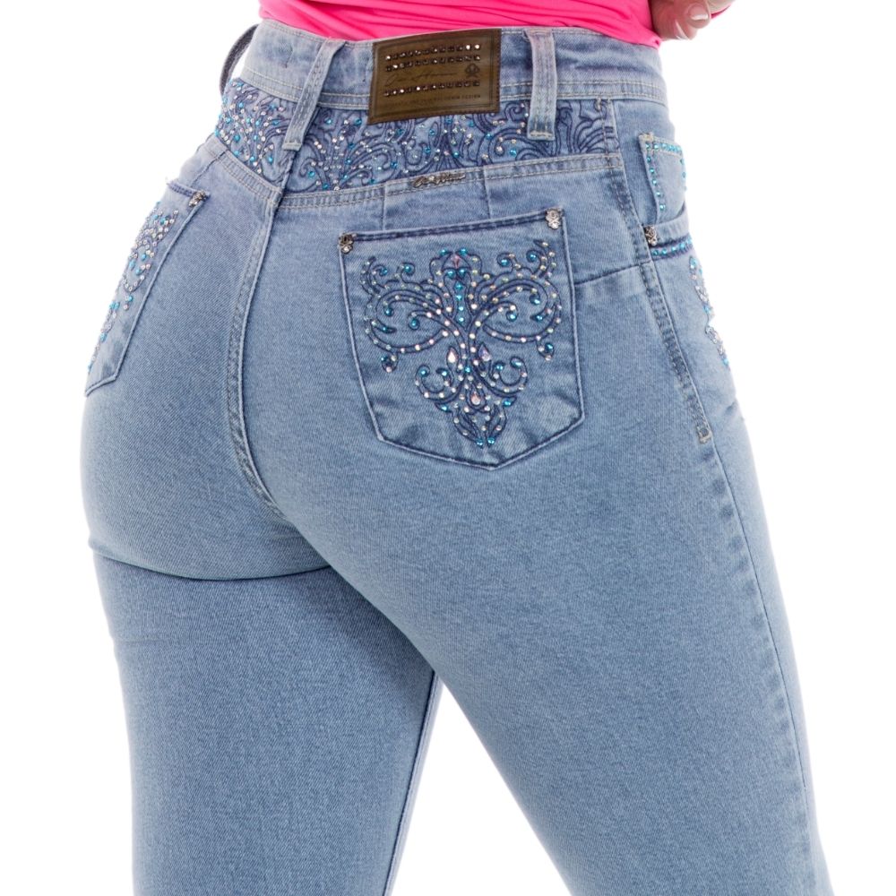 Calça Feminina Ox Horns Jeans Flare Azul Com Strass 2501
