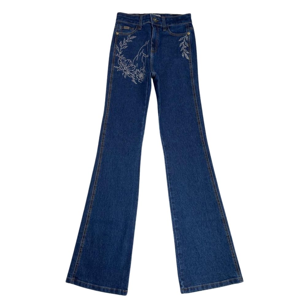 Calça Feminina Pura Raça Country Jeans Stone Com Bordado Cavalo E Flores Em Strass Bootcut Ref: 07000100048