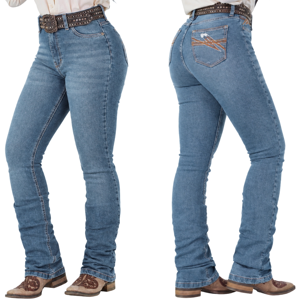 Calça Feminina Radade Bord Gold Azul Bordado Bolso De Trás