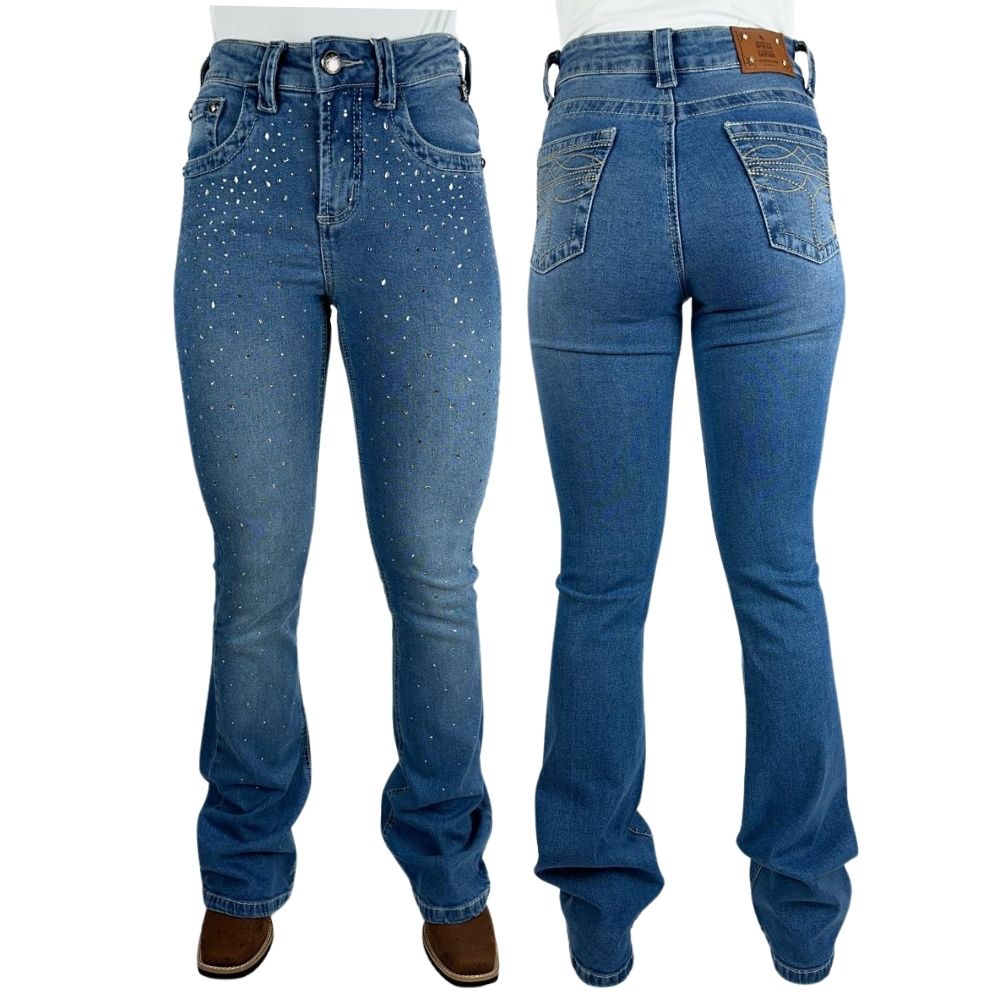 Calça Feminina República Caipira Jeans Azul Delavê Flare Bordada Com Strass Ref: 2034