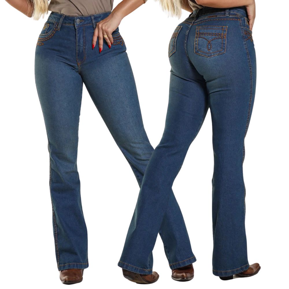 Calça Feminina Rodeo Farm Jeans Azul Médio Destroyed Premium Flare Ref 200500222