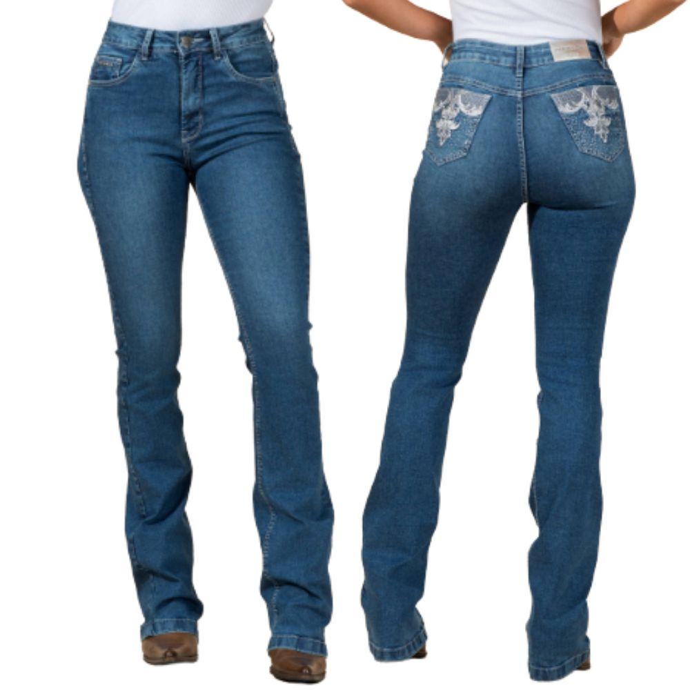 Calça Feminina Stabulos Bootcut Jeans Médio Bolso Bordado Ref:STB 577