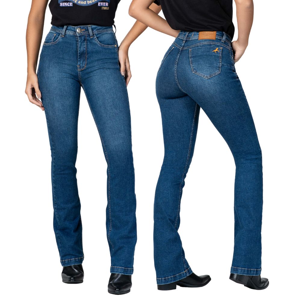 Calça Feminina Stabulos Jeans Azul Básica Bootcut Com Bordado Cavalinho No Bolso Ref:STb528