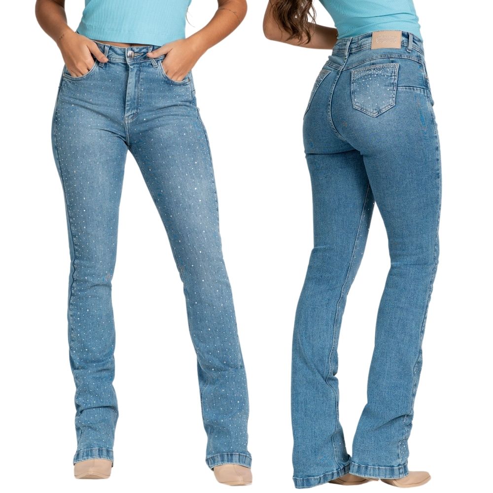 Calça Feminina Stabulos Jeans Azul Delavê Bootcut Com Bordados De Cristal Ref: STB505