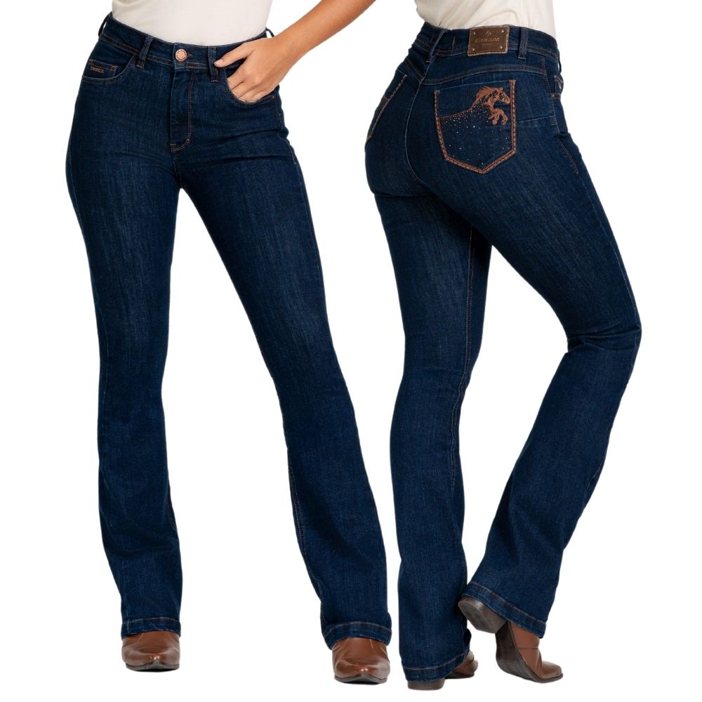 Calça Feminina Stabulos Jeans Azul Escuro Bootcut Com Bordados De Cavalo  E Brilho Nos Bolsos Traseiros REF: STB492