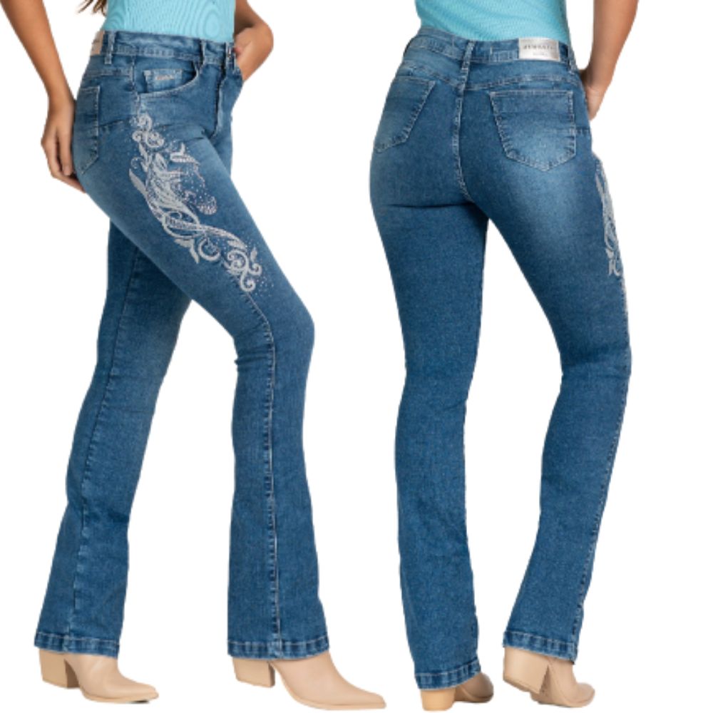 Calça Feminina Stabulos Jeans Azul Stonado Bootcut Com Bordado Lateral De Cavalo Com Brilho Ref:STB496