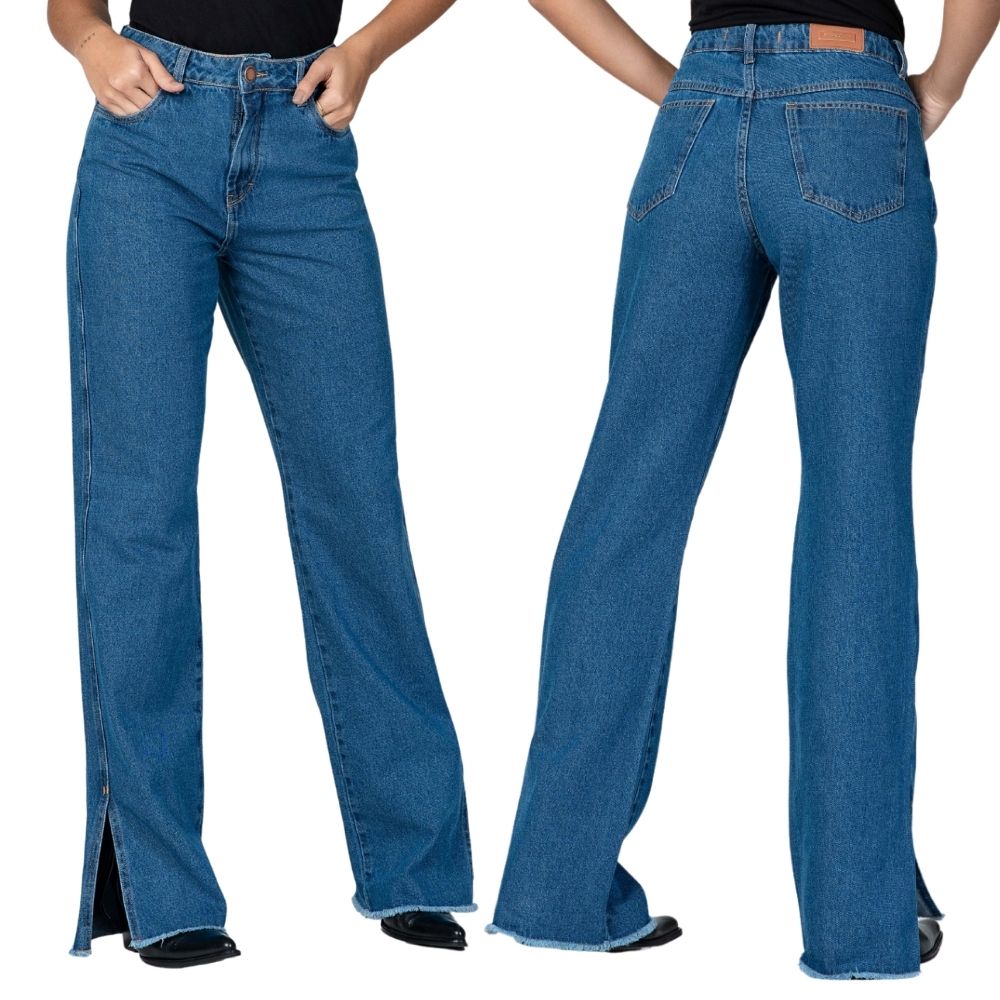 Calça Feminina Stabulos Jeans Azul Wide Leg Básica Reta Abertura Na Barra Ref: STB528