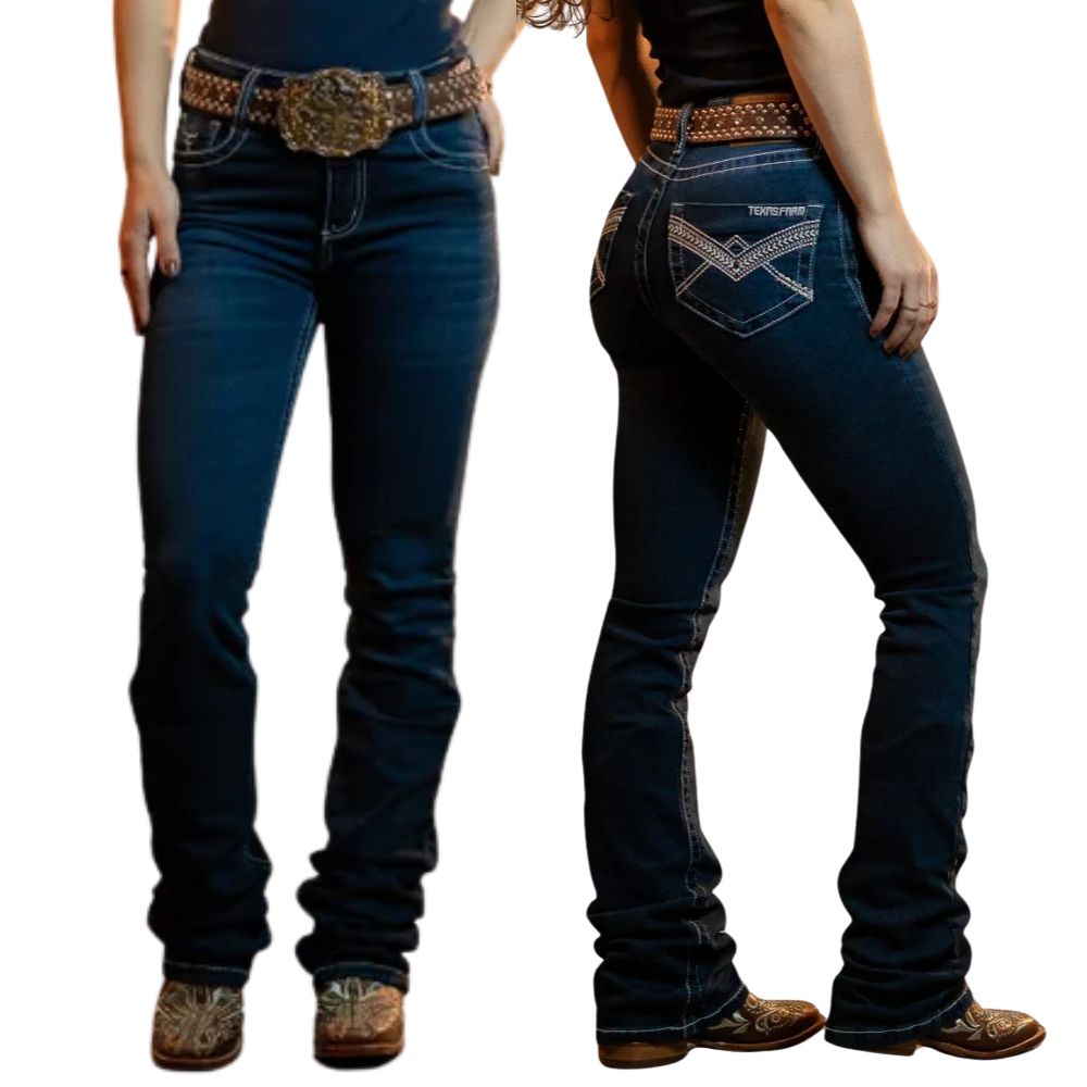 Calça Feminina Texas Farm Jeans Azul Escuro Blue Ranch Bootcut Com Bordado Branco Nos Bolsos Ref:PFD054