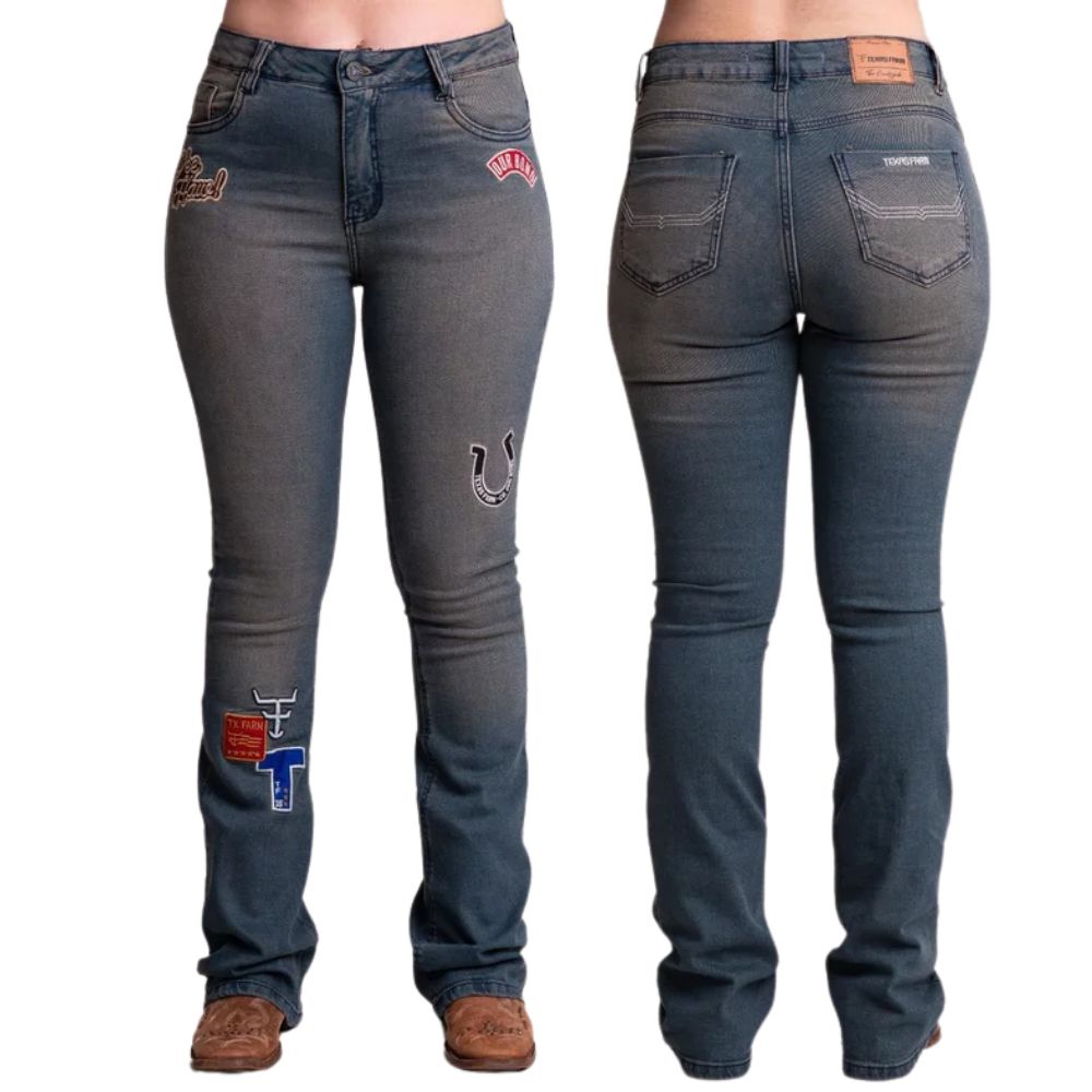 Calça Feminina Texas Farm Jeans Heritage Azul Manchado Bootcut Com Bordado Ref:PDF049