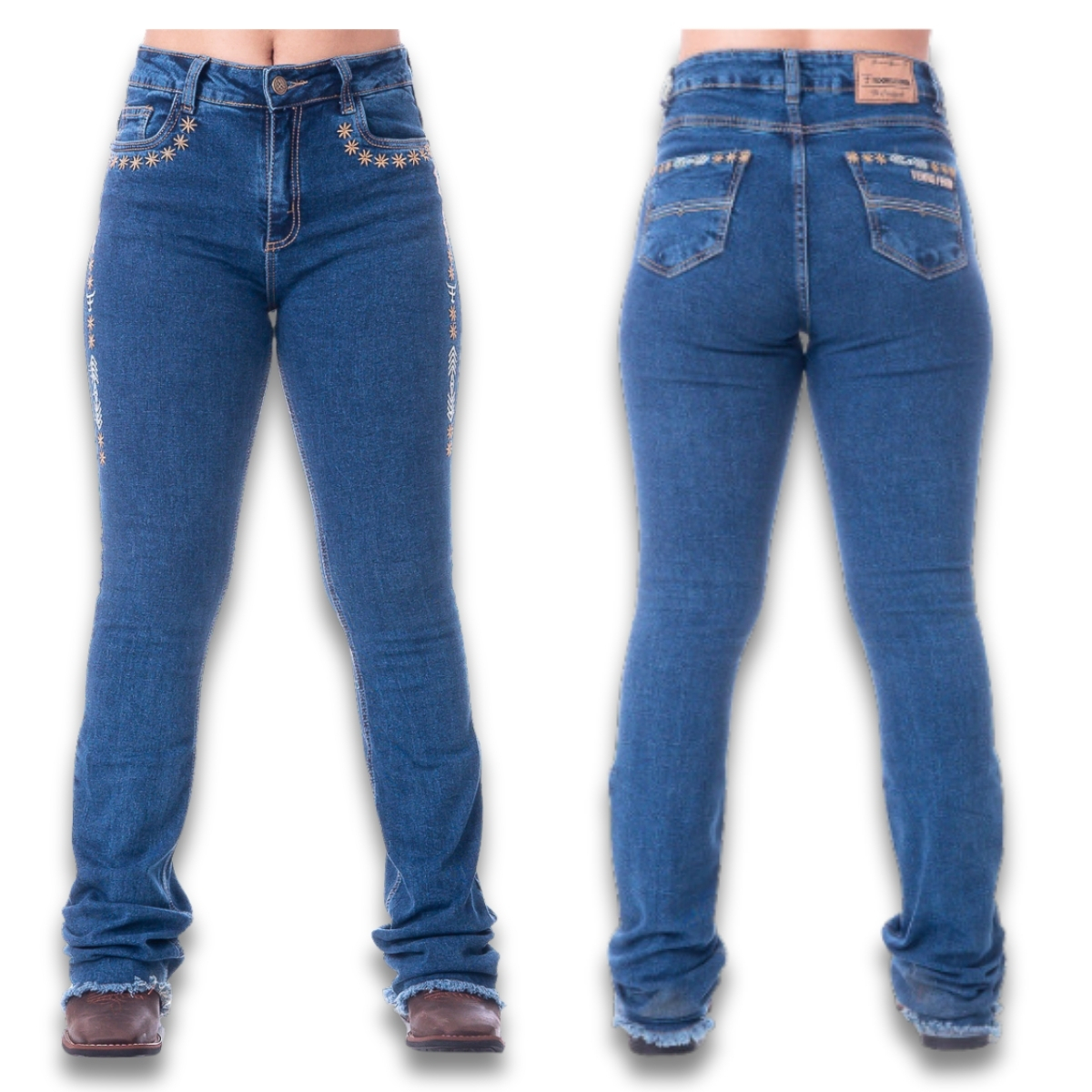 Calça Feminina Texas Farm Jeans Spur Bordado C/ Símbolos Em Crú E Bege Barra Flare Desfiada REF: PDF036