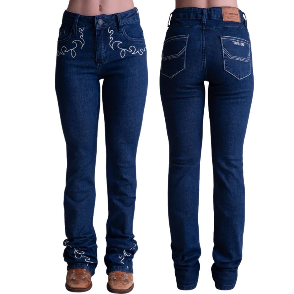 Calça Feminina Texas Farm String Jeans Azul Escuro Com Bordados Em Bege Ref:PDF053
