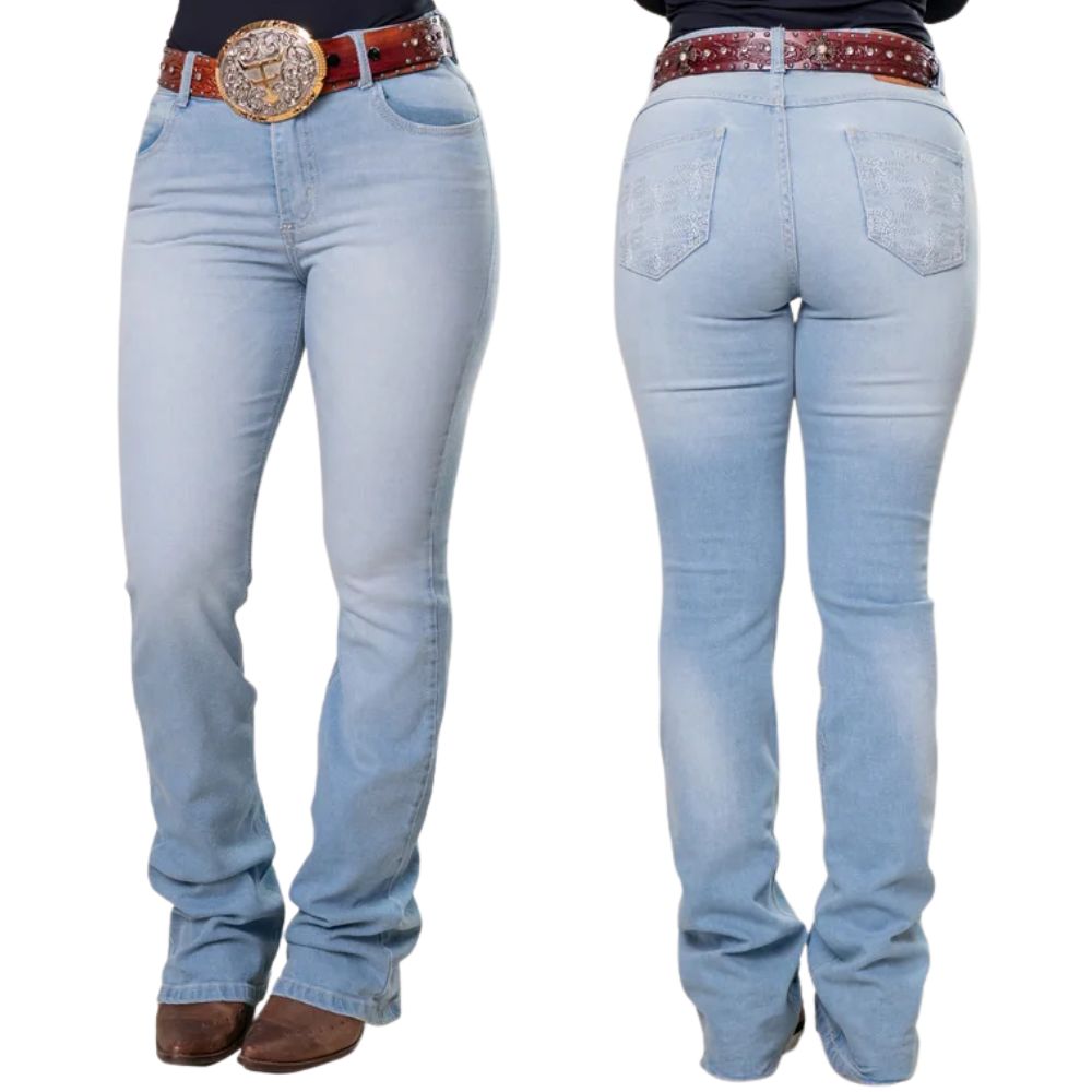 Calça Feminina Texas Farm Western Stich Jeans Claro Bordado Nos Bolsos De Trás Ref: PDF061