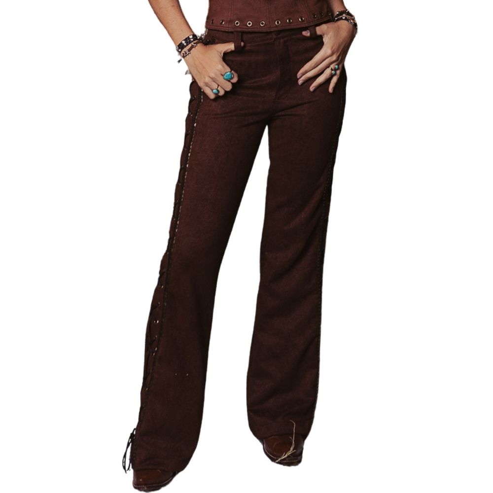 Calça Feminina Turkese Hot Country Brown Flare Ilhós E Tiras Em Couro E Chatons Dourados Ref:CA07606