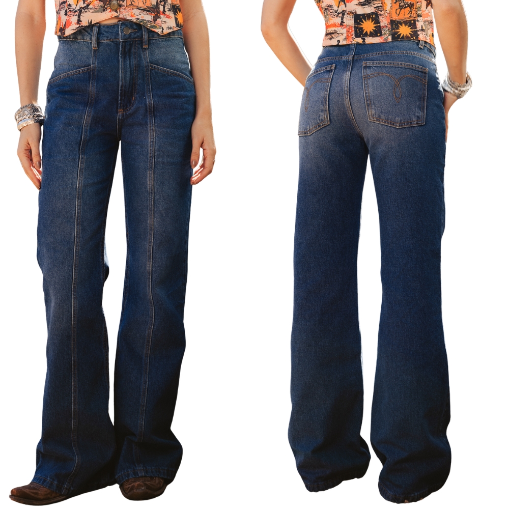 Calça Feminina Turkese Jeans Kacey Wide Leg Azul Médio Com Barra Larga Ref:CA06601