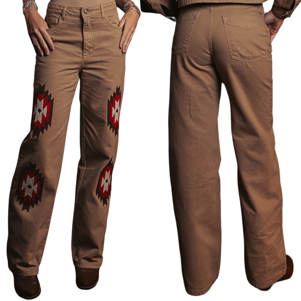 Calça Feminina Turkese Sundance Bege Escuro Reta Bordado Marrom/Vermelho E Branco Ref:CA07601