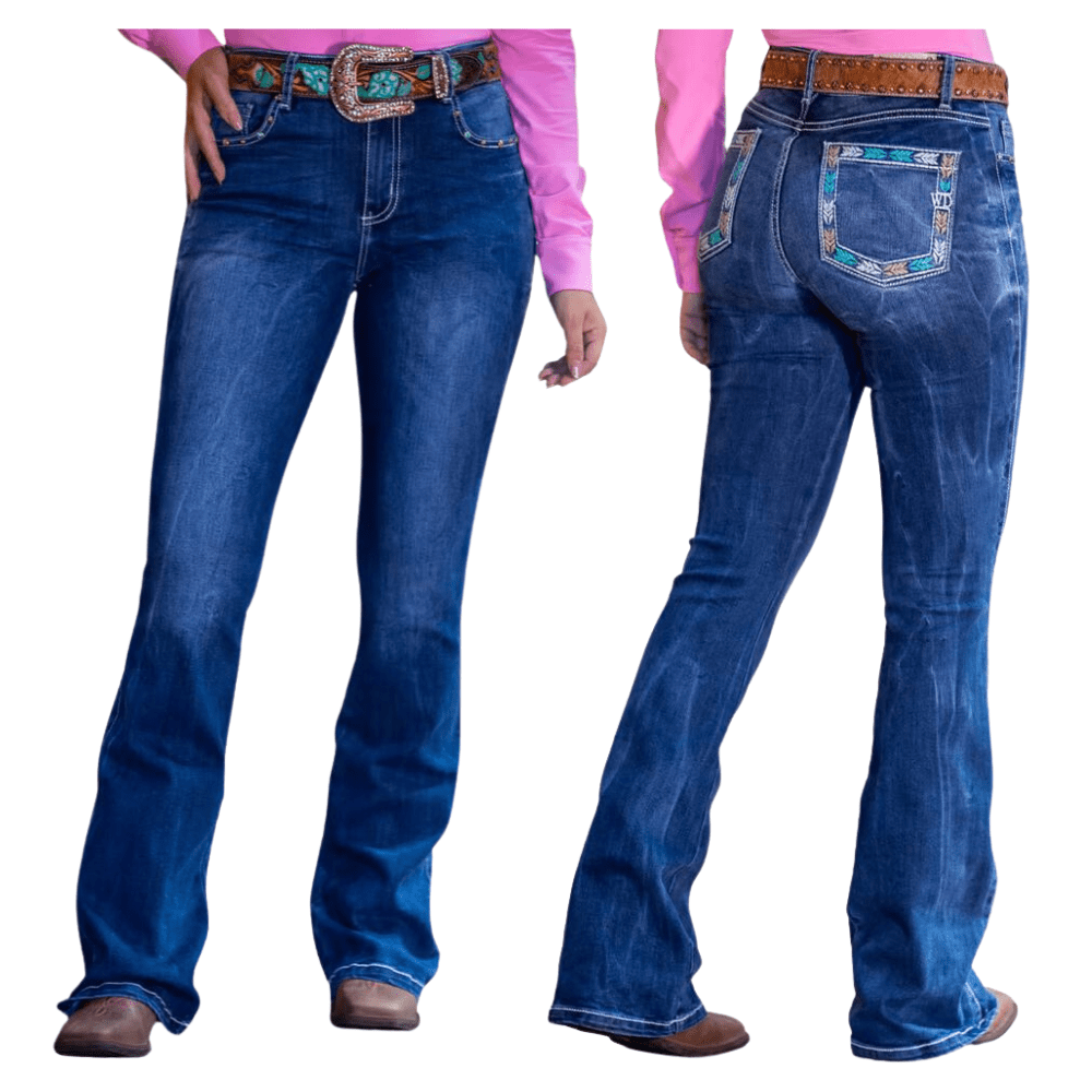 Calça Feminina West Dust Jeans Azul Escuro Manchado Mississipi Bootcut Com Bordado Nos Bolsos Traseiros REF: CL29309