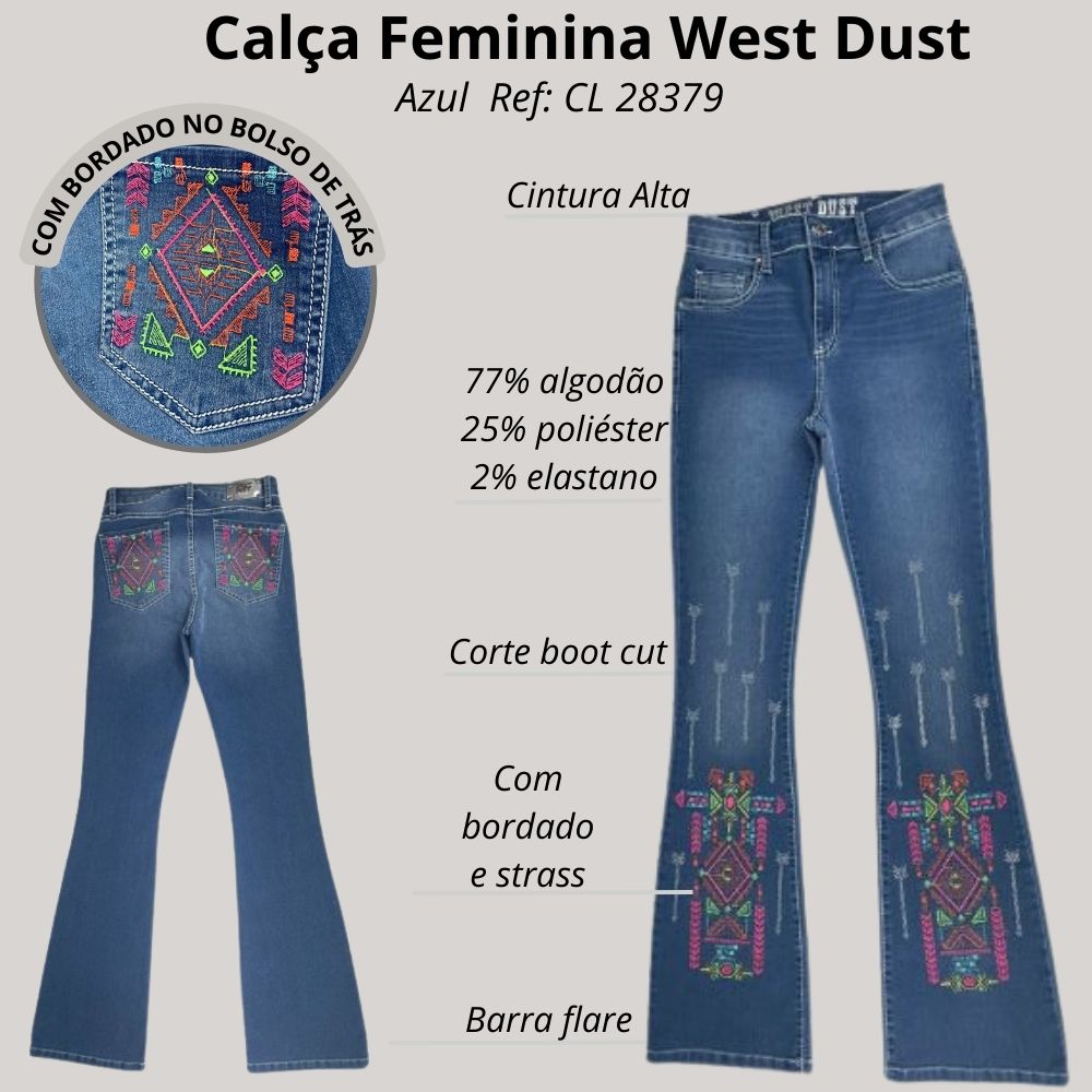 Calça Feminina West Dust Jeans Azul Médio Etnico Boot Cut Com