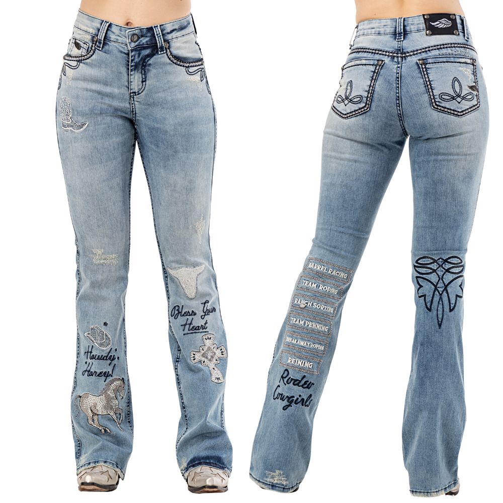Calça Feminina Zenz Jeans Las Cruces Azul Médio Flare Bordados Variados Com Brilho Ref:1488ZW0225010