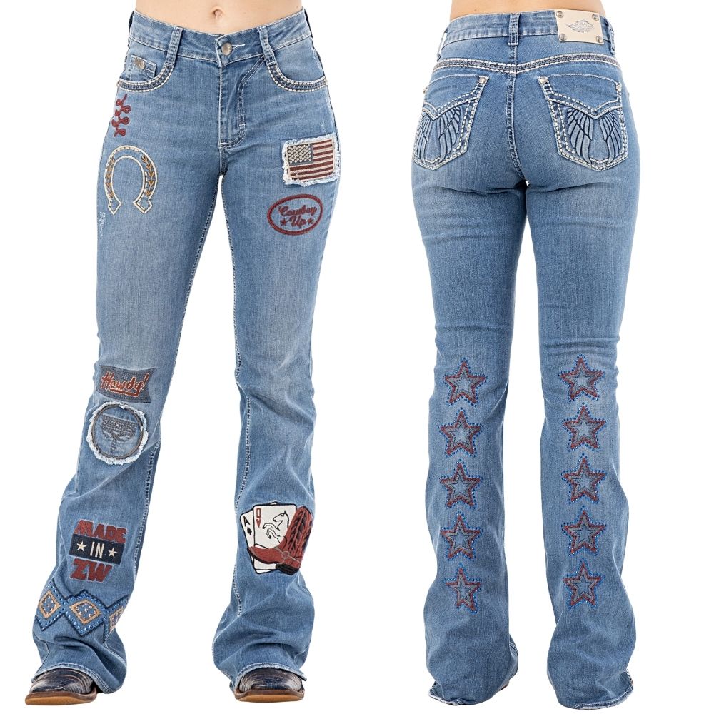Calça Feminina Zenz Jeans Made In Zw Azul Médio Flare Bordados Variados E Tachinhas Ref: 1490 - ZW0225003