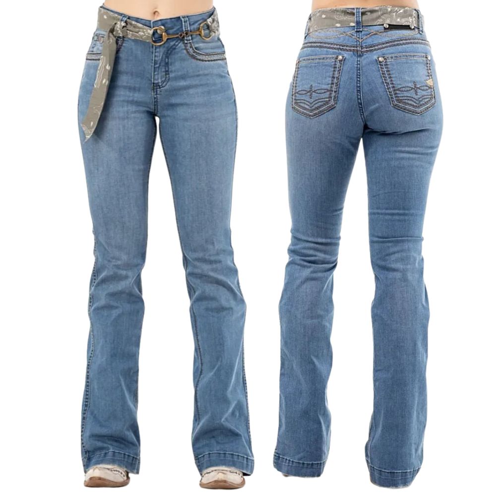 Calça Feminina Zenz Jeans Marfa Flare Bordado Verde Com Cinto De Tecido Fivela Bridão Ref:15432-ZW0225014