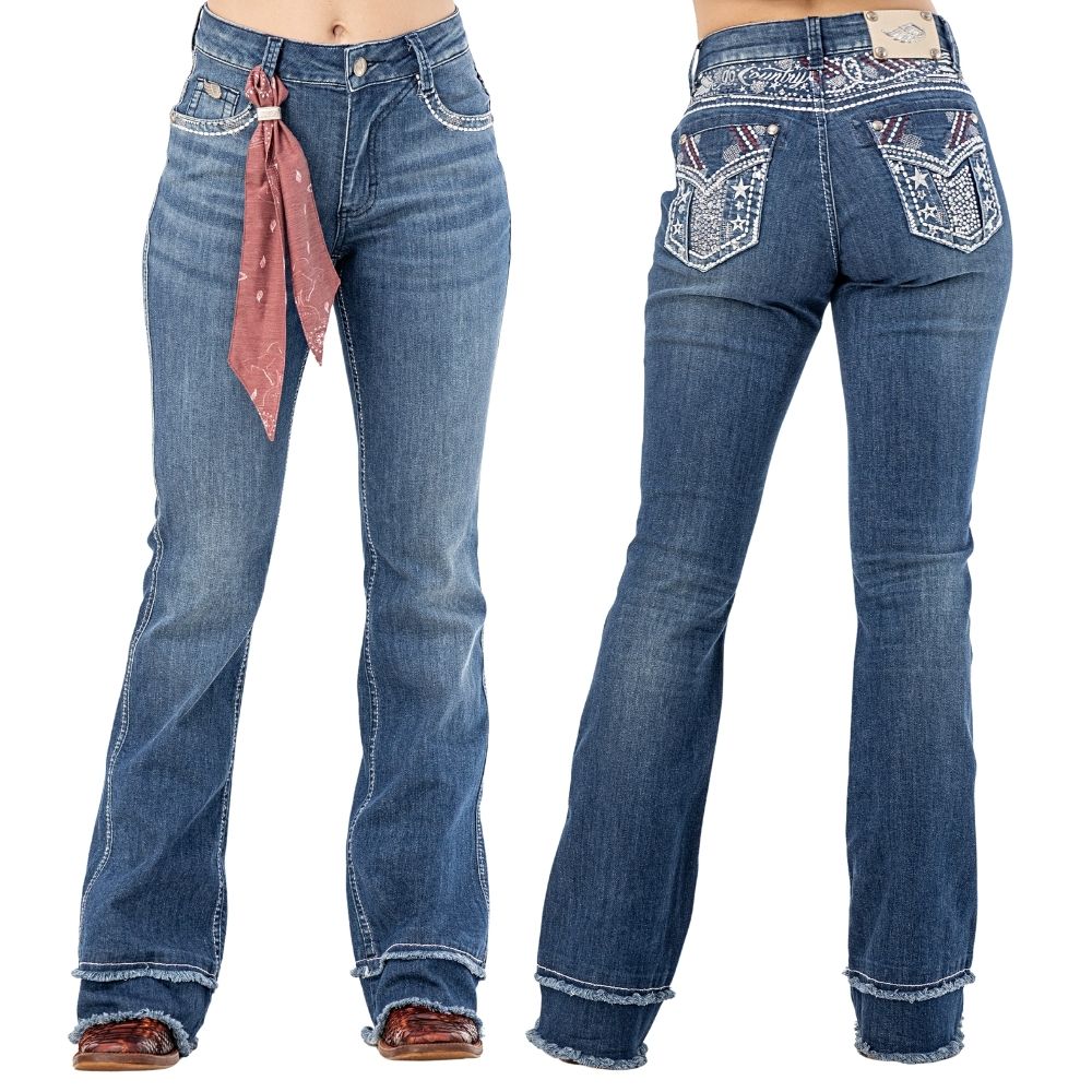 Calça Feminina Zenz Jeans New Jersey Azul Flare Dupla Desfiada Bordados Bolsos E Pala Ref: 1491 - ZW0225006
