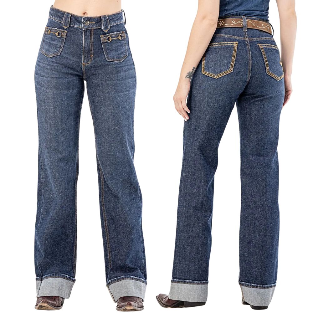 Calça Feminina Zenz Jeans Welcome Azul Barra Dobrada Bordado No Bolso Detalhe Bridão No Bolso Frente Ref:1524ZW0225005