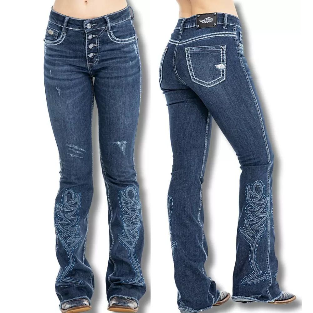 Calça Feminina Zenz Western Jeans Azul Escuro Com Puídos Bootcut Com Bordado Em Azul E Brilho De Botão Ref:1360 PARADISE