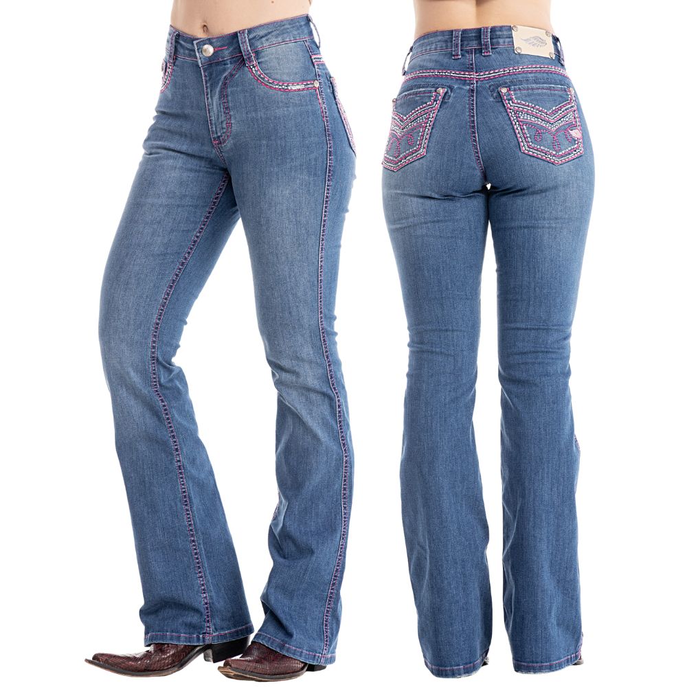 Calça Feminina Zenz Western Jeans Azul Médio Cows Bordado Rosa Pink Com Brilho Flare Ref:ZW325005-1599