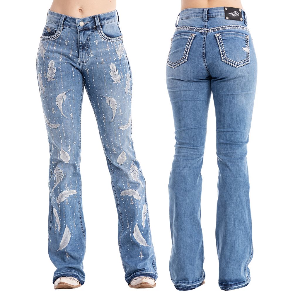 Calça Feminina Zenz Western Jeans Azul Milk Azul Claro Bordado Brilho E Penas Cinza Barra Flare Ref:ZW0325007-1600