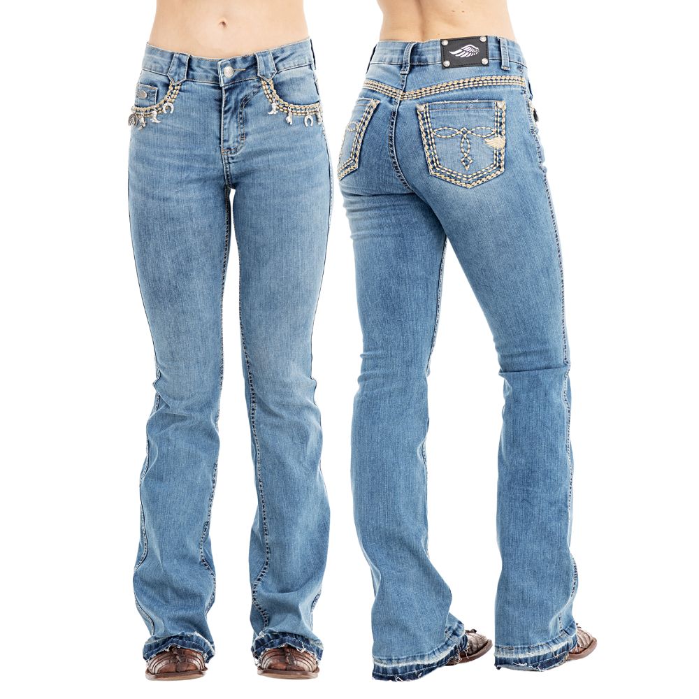 Calça Feminina Zenz Western Jeans Bikini Com Bordado Bolsos-Pingentes Country E Barra Flare REF: ZW0324068-1361