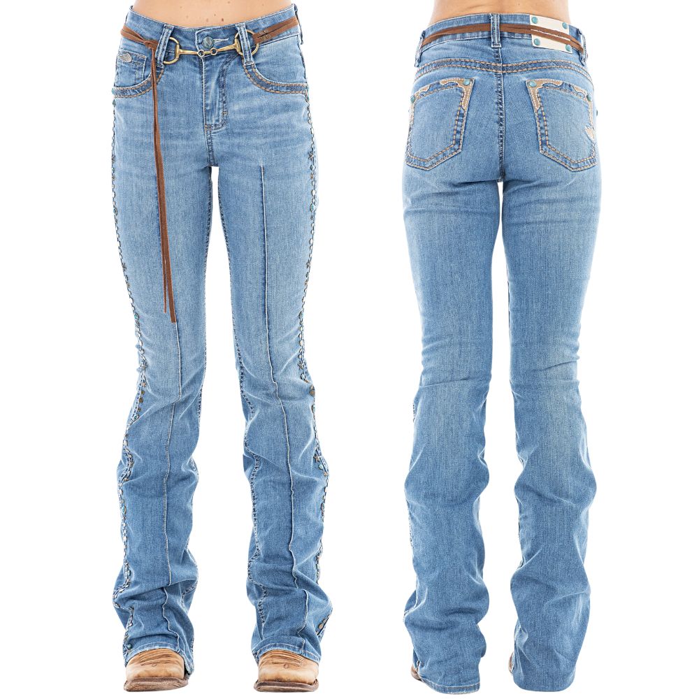 Calça Feminina Zenz Western Jeans Bit Azul Médio Bootcut Cinto De Couro Bridão Bordados Ref:ZWO226018-1755