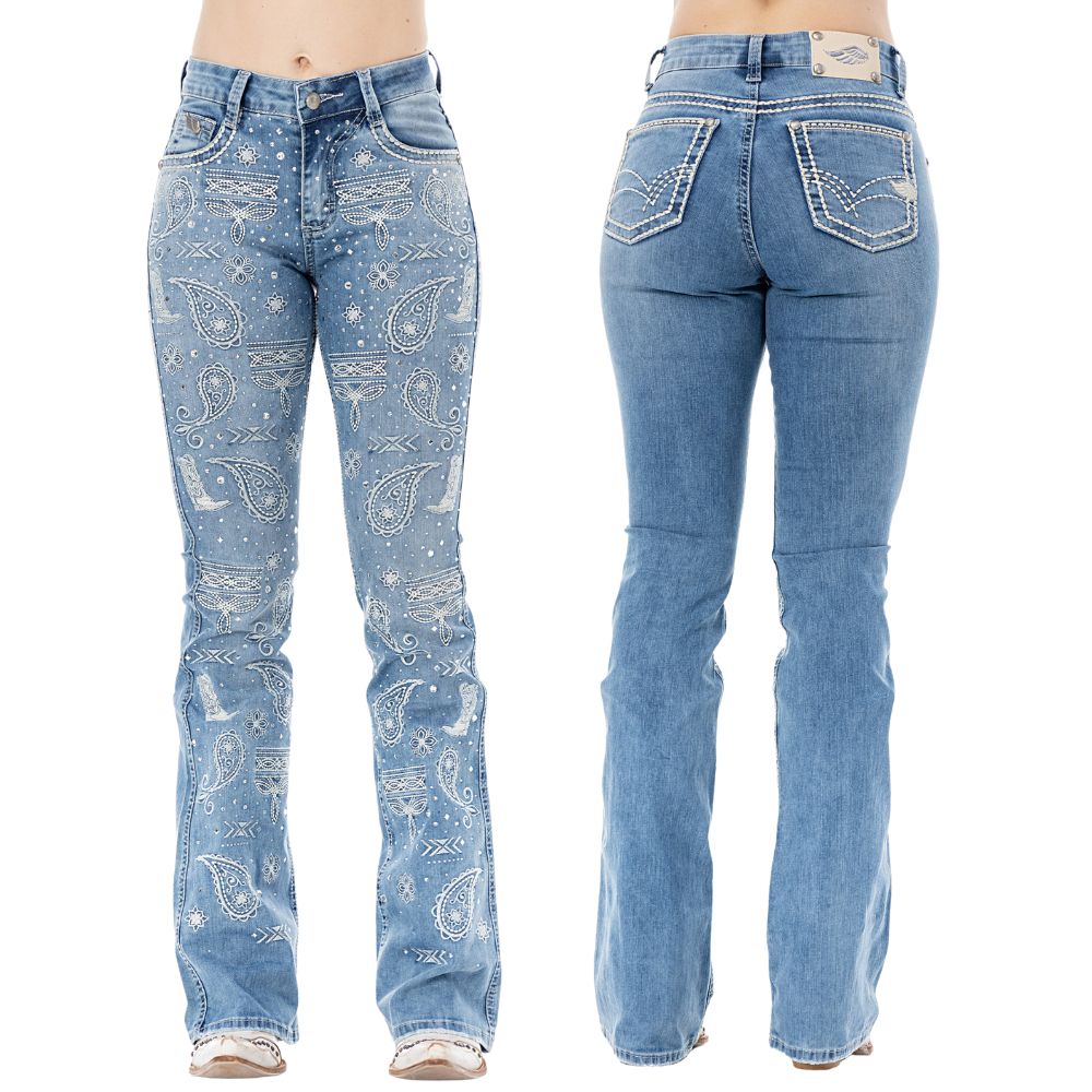 Calça Feminina Zenz Western Jeans Cabins Azul Claro Bootcut Com Bordados E Strass Ref:ZWO126041-1678