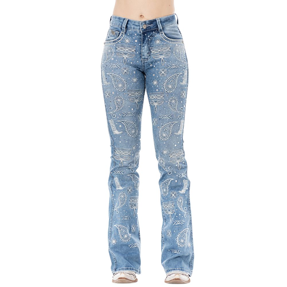 Calça Feminina Zenz Western Jeans Cabins Azul Claro Bootcut Com