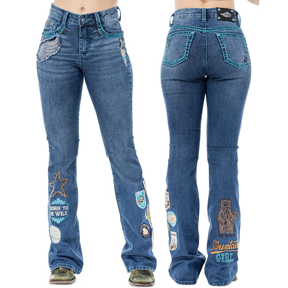 Calça Feminina Zenz Western Jeans Camp Azul Bordados Azul Royal Strass Barra Flare Ref:ZWO126039-1673