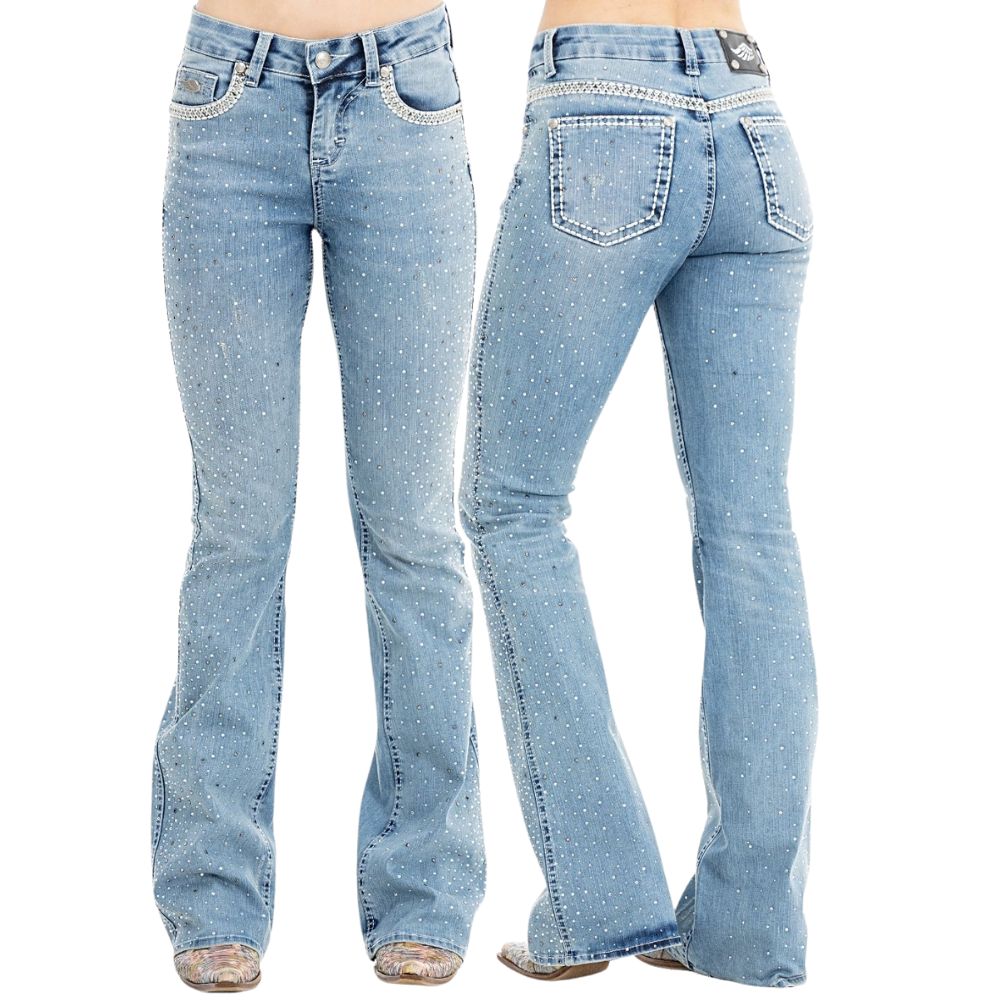 Calça Feminina Zenz Western Jeans Campfire Com Bordado Bolsos E Com Strass Flare REF: ZW0324007-1362