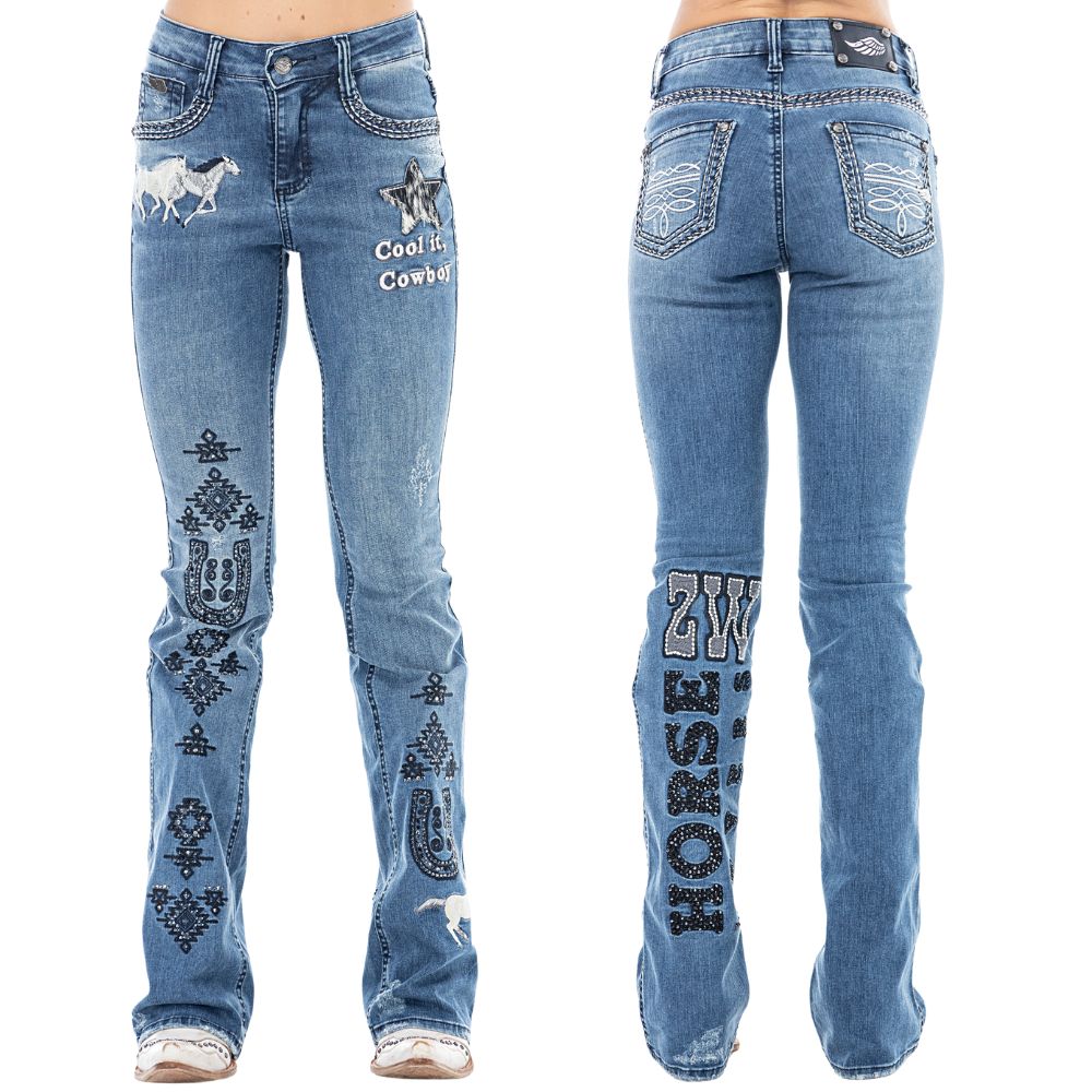 Calça Feminina Zenz Western Jeans Cavellera Azul Médio Flare Bordado Ref:ZWO226020-1782