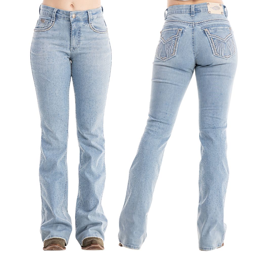 Calça Feminina Zenz Western Jeans Farmland Azul Claro Flare Com Brilho Total Ref:0325004-1606