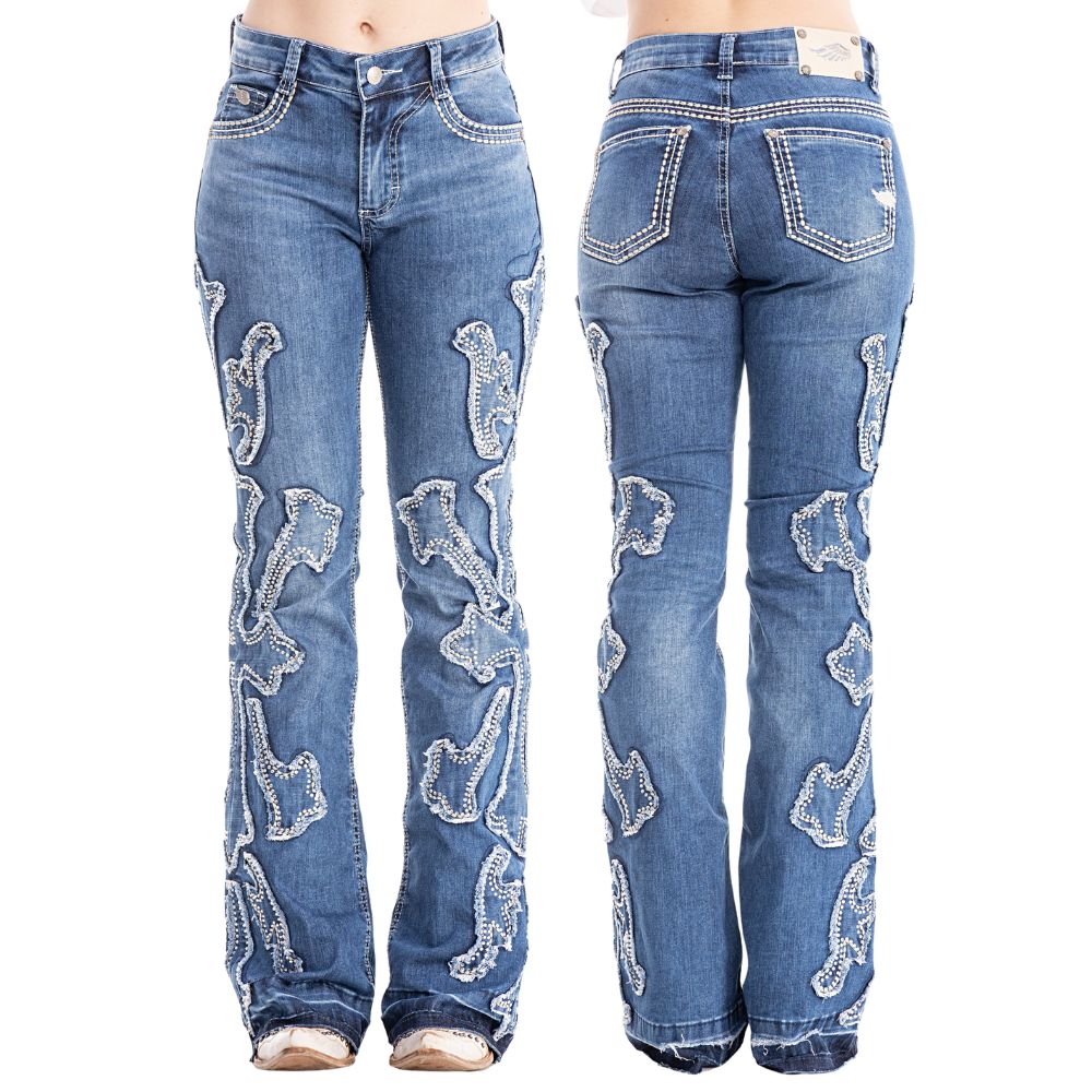 Calça Feminina Zenz Western Jeans Jersey Com Bordados Brilhos Barra Flare Desfiada Sem Costura Ref:ZW0325010-1602