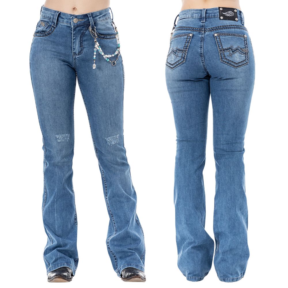 Calça Feminina Zenz Western Jeans Lake Azul Médio Flare Bordado Pena Na Lateral Com Enfeite Ref:ZW0126038-1661