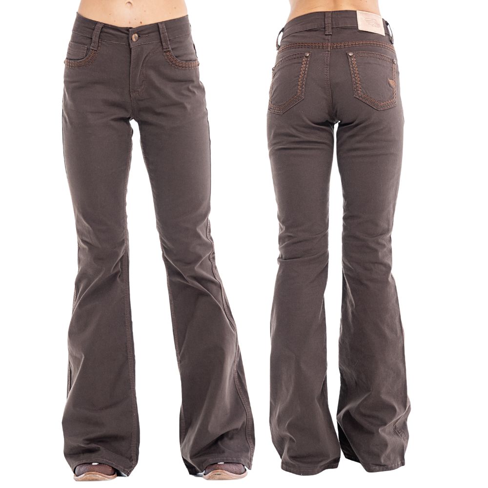 Calça Feminina Zenz Western Jeans Marrom Com Bordado Nos Bolsos Flare Rose Dunn Ref:1405-ZWO 125027