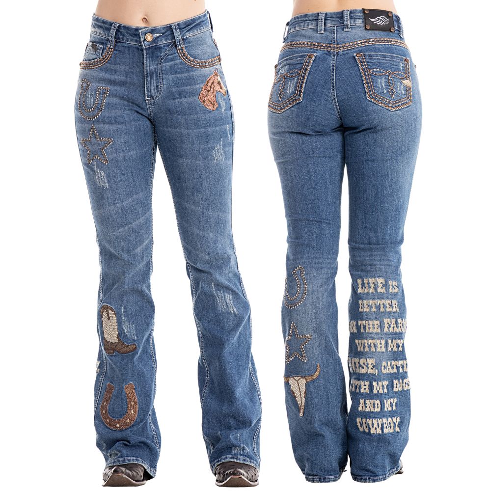 Calça Feminina Zenz Western Jeans Old Farm Com Bordados E Brilhos Barra Flare Ref:ZW0325008-1598