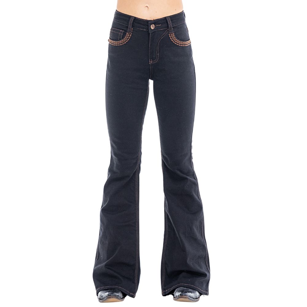 Calça Feminina Zenz Western Jeans Preto Flare Belle Star Com