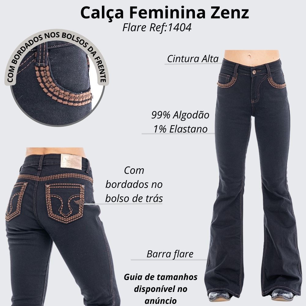 Calça Feminina Zenz Western Jeans Preto Flare Belle Star Com
