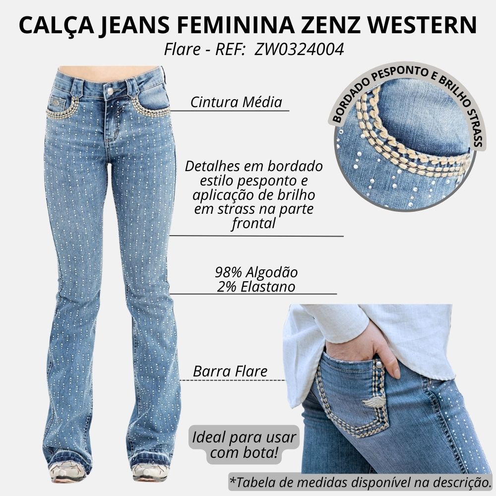 Calça Feminina Zenz Western Jeans Seahorse Com Bordado Cru E Com